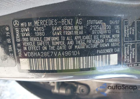 1997 Mercedes-Benz C 280 from USA, damaged, VIN WDBHA28E7VA496104